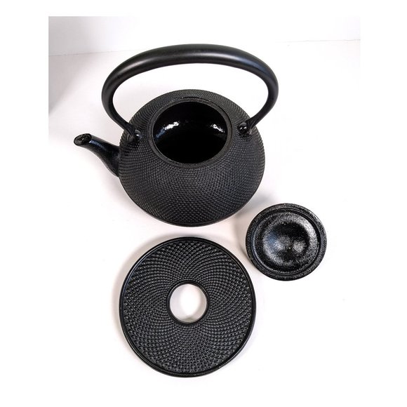 Vintage Hobnail Cast Iron & Enamel Tea Pot &Trivet Set Japan 36 oz - Excellent - Picture 3 of 4